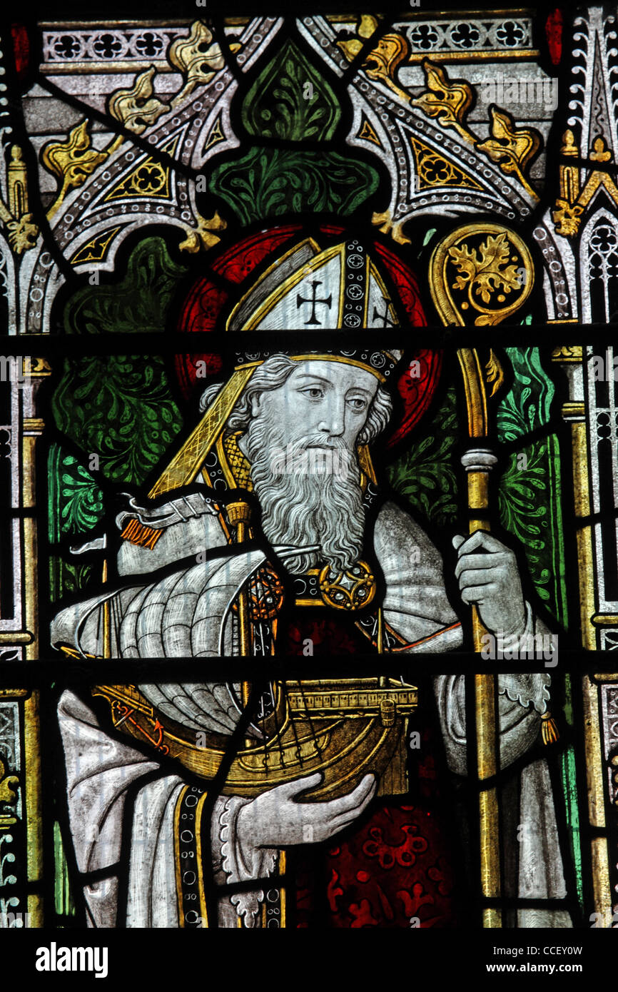 A stained glass window depicting Saint Nicholas, Church of St Nicholas, Carlton Scroop, Lincolnshire Stock Photo