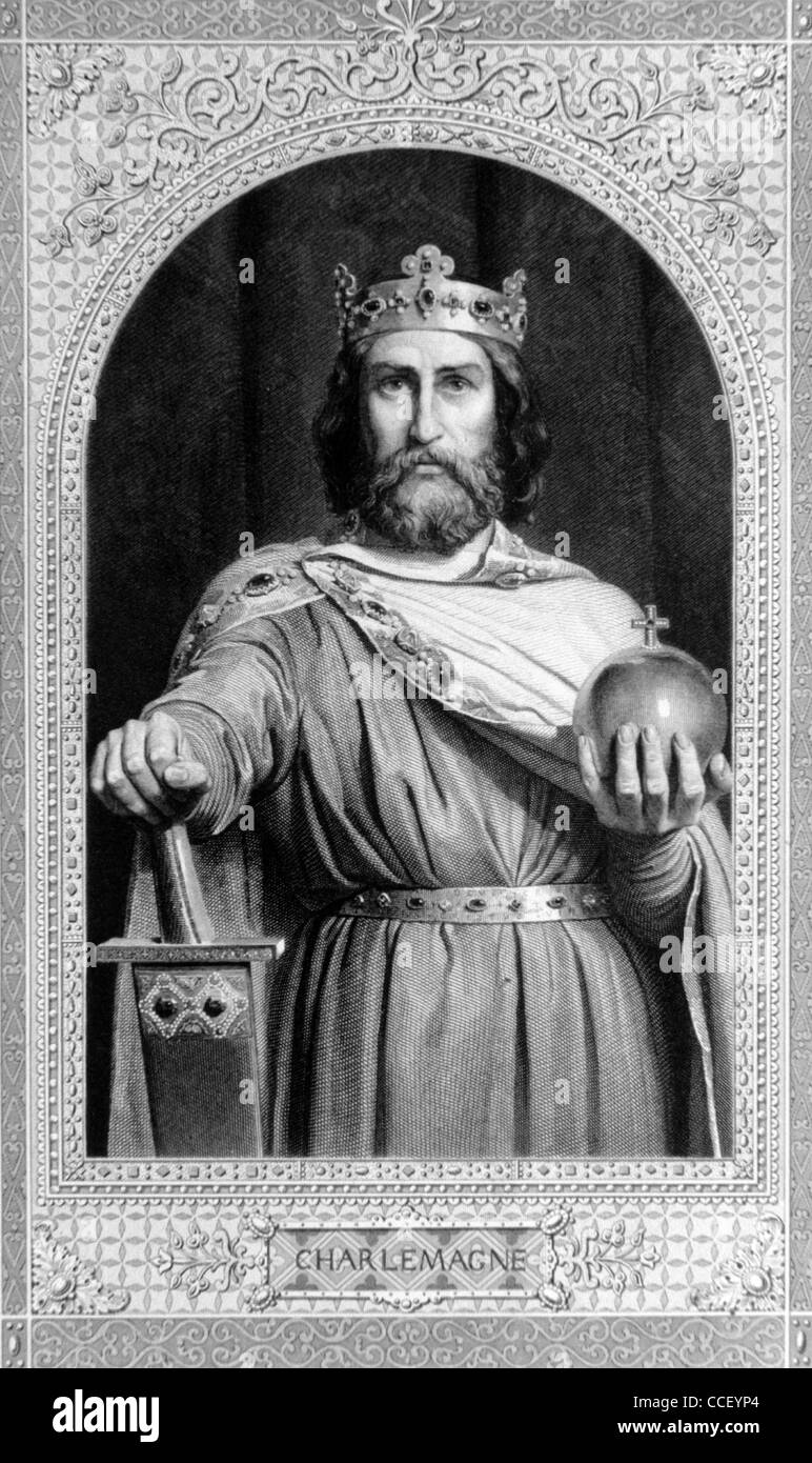 Portrait of Charlemagne, Charles the Great (742-814) King of the Franks (768-814) and Emperor of the Romans (800-814) Vintage Illustration or Engraving Stock Photo