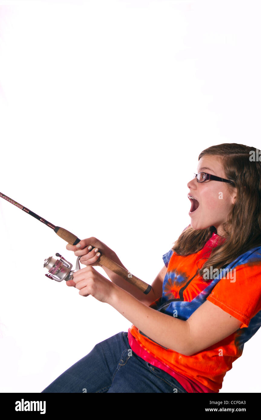 Teen Girl with fishing rod isolated against a white background