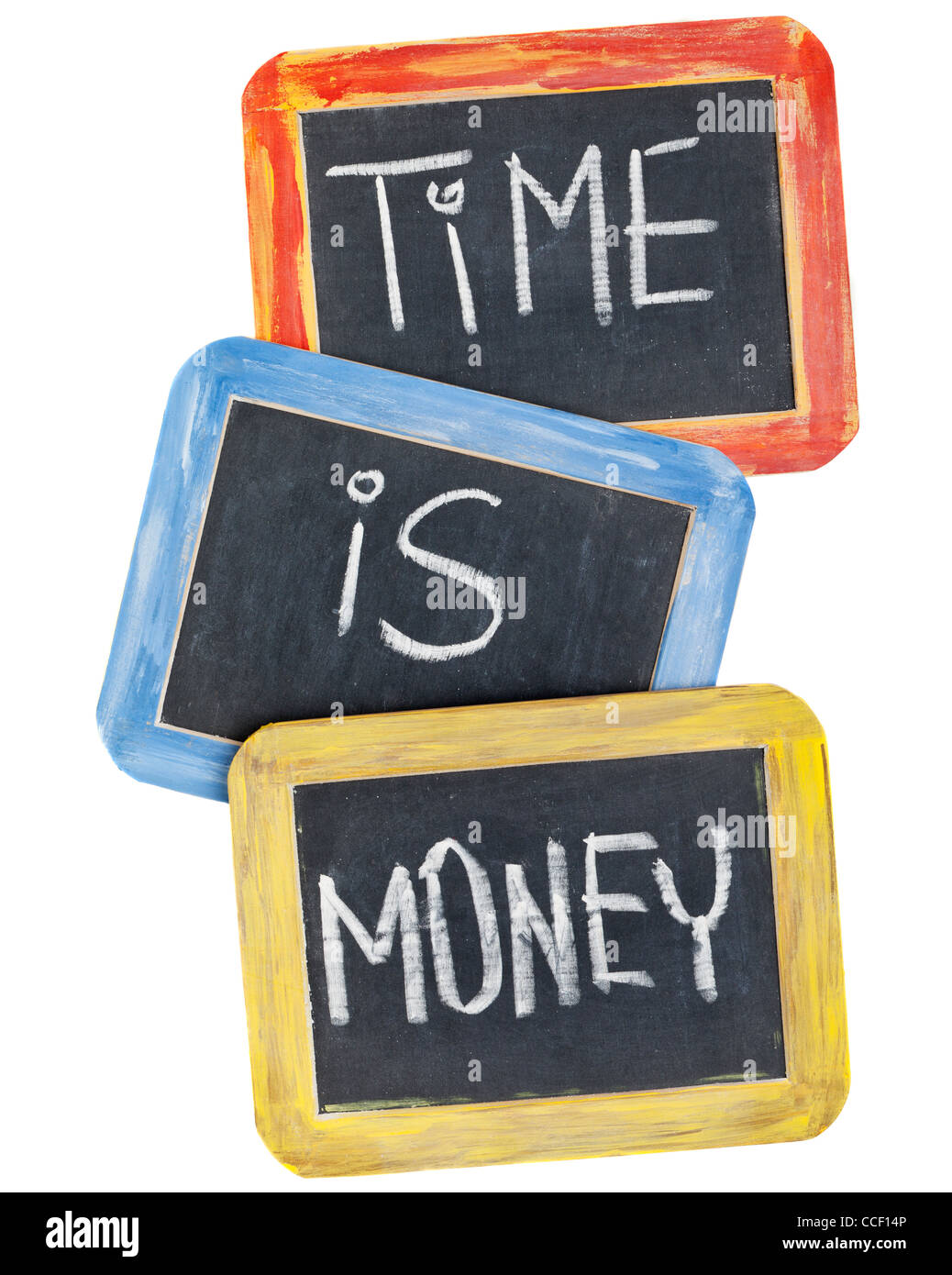 time is money slogan - white chalk handwriting on small slate blackboards with colorful wood frames Stock Photo
