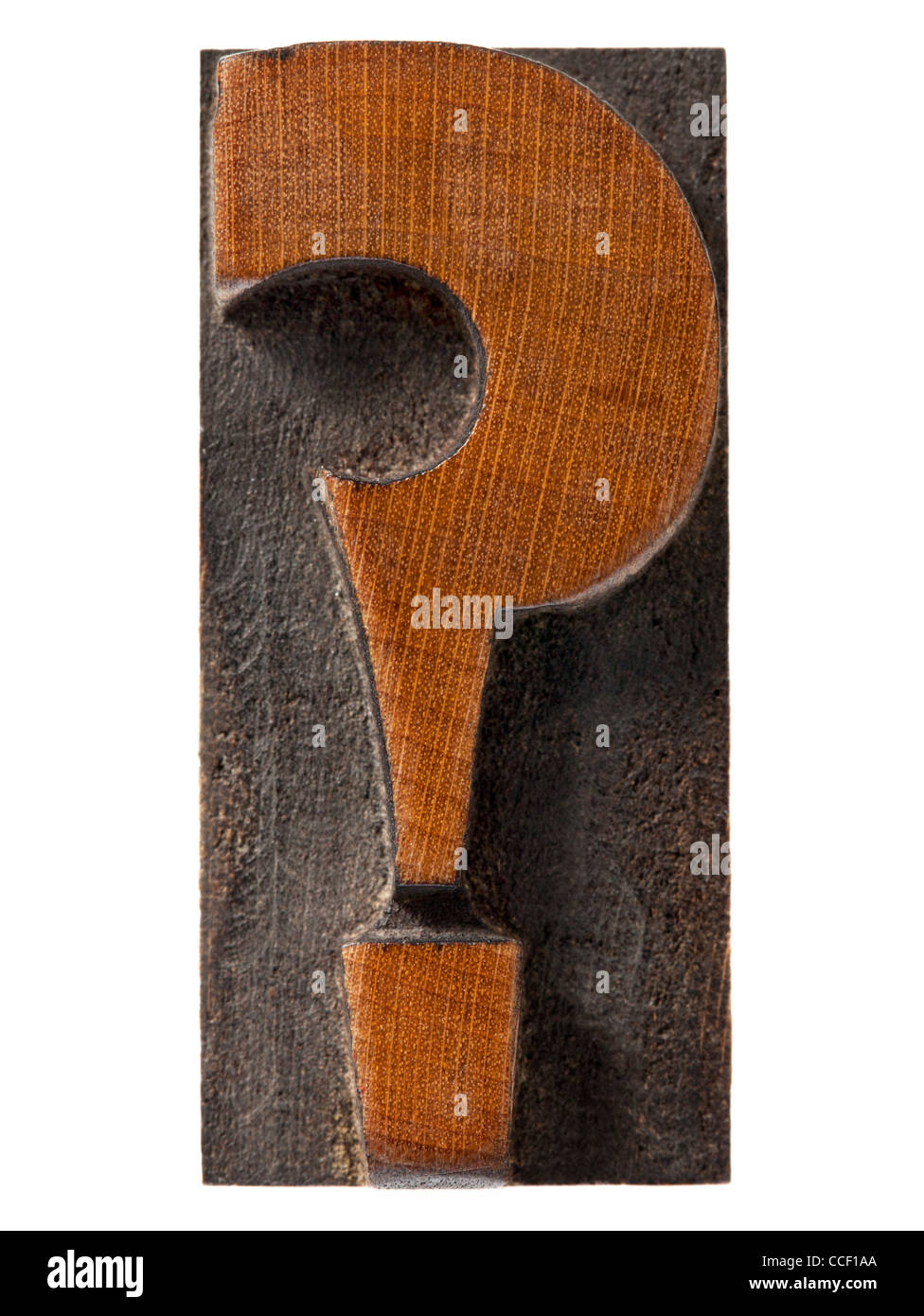 question mark antique wood letterpress type block, isolated on white