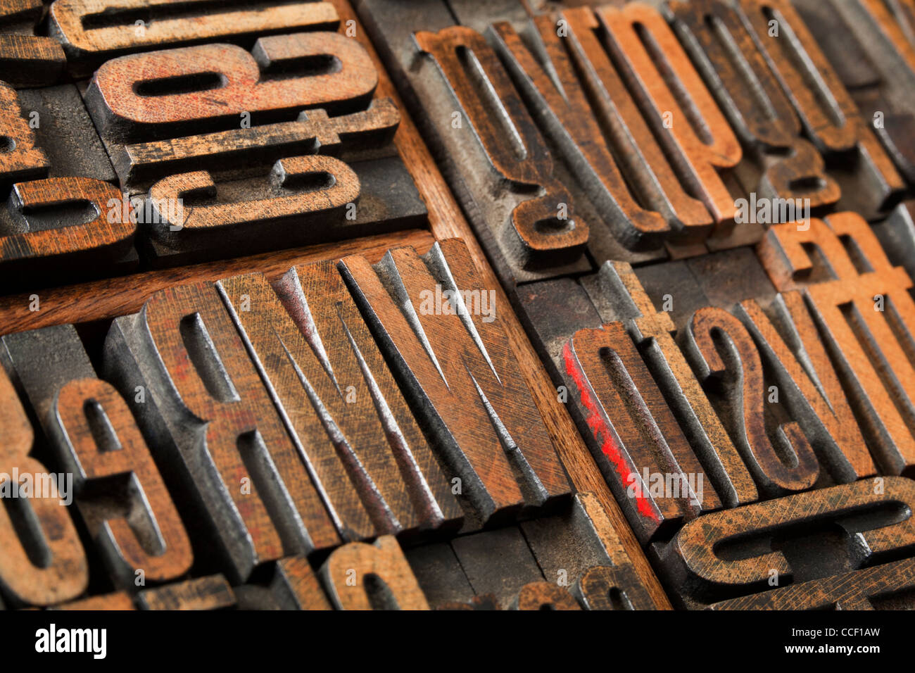 antique wood letterpress printing blocks (condensed gothic font) in old box typesetter box, abstract with selective focus Stock Photo