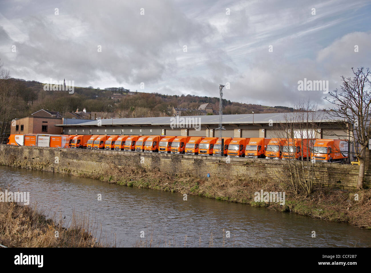 The TNT freight transport depot in Ramsbottom with a line of lorries. Stock Photo