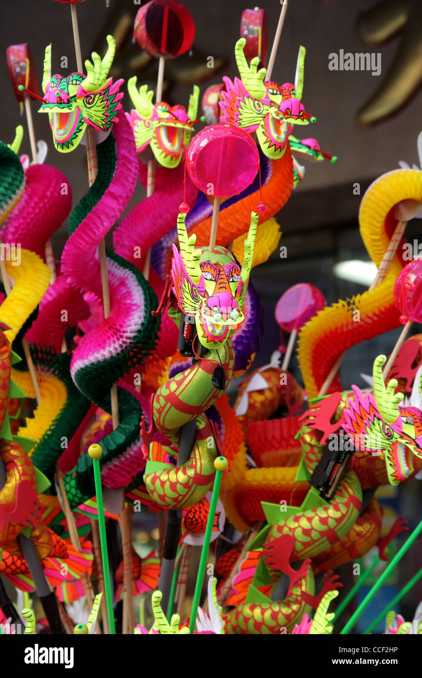Toy paper Chinese dragons on sale in the Bangkok's Chinatown a day before Chinese Lunar new year, january 22, 2012.  Thailand Stock Photo