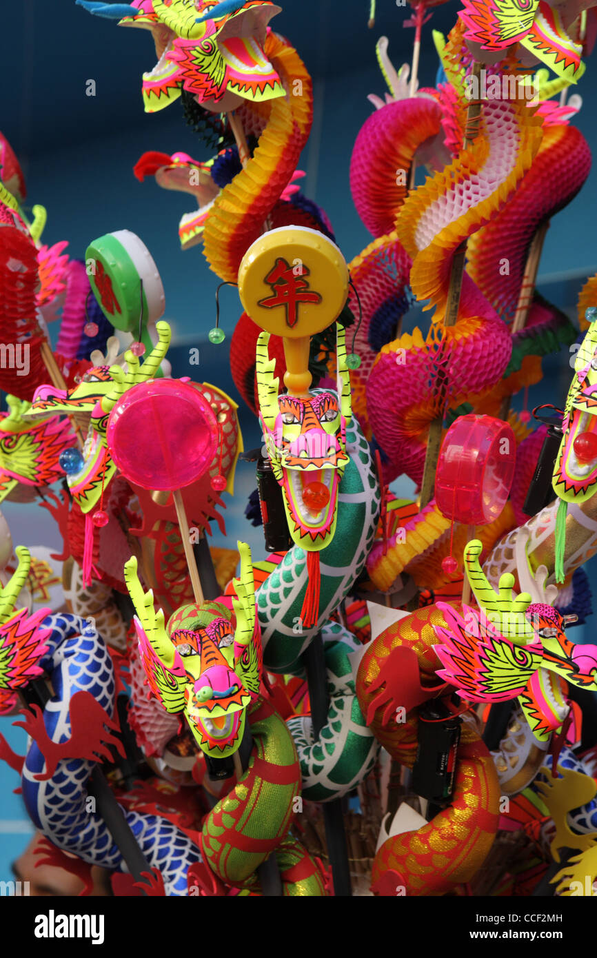 Toy paper Chinese dragons on sale in the Bangkok's Chinatown a day before Chinese Lunar new year, january 22, 2012.  Thailand Stock Photo