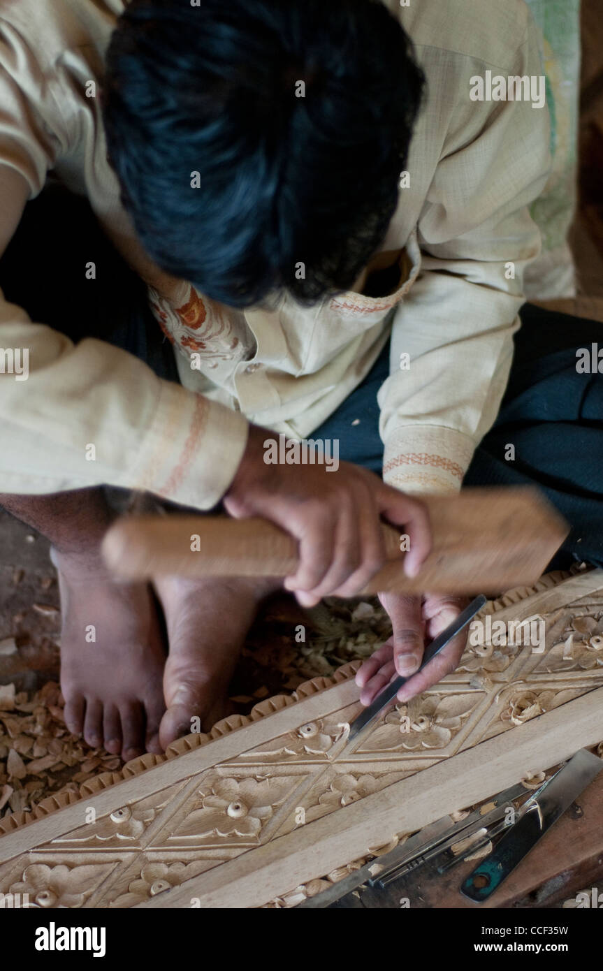 Wood carving workshop, Jaipur, Rajasthan, India Stock Photo