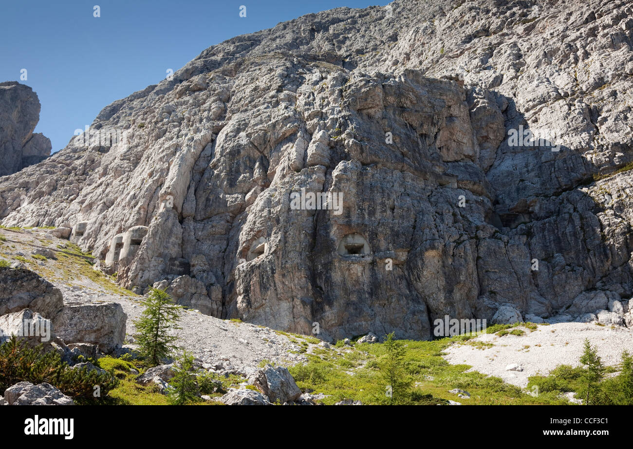 Views of war time pill boxes hidden in the hillside seen from Passo