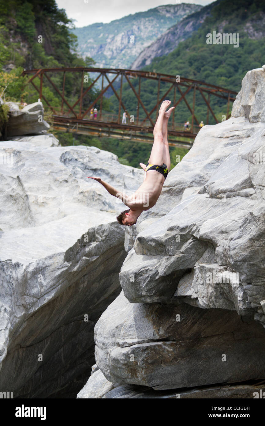 Cliff diving athlete Kai Kirbs competes in the WHDF European