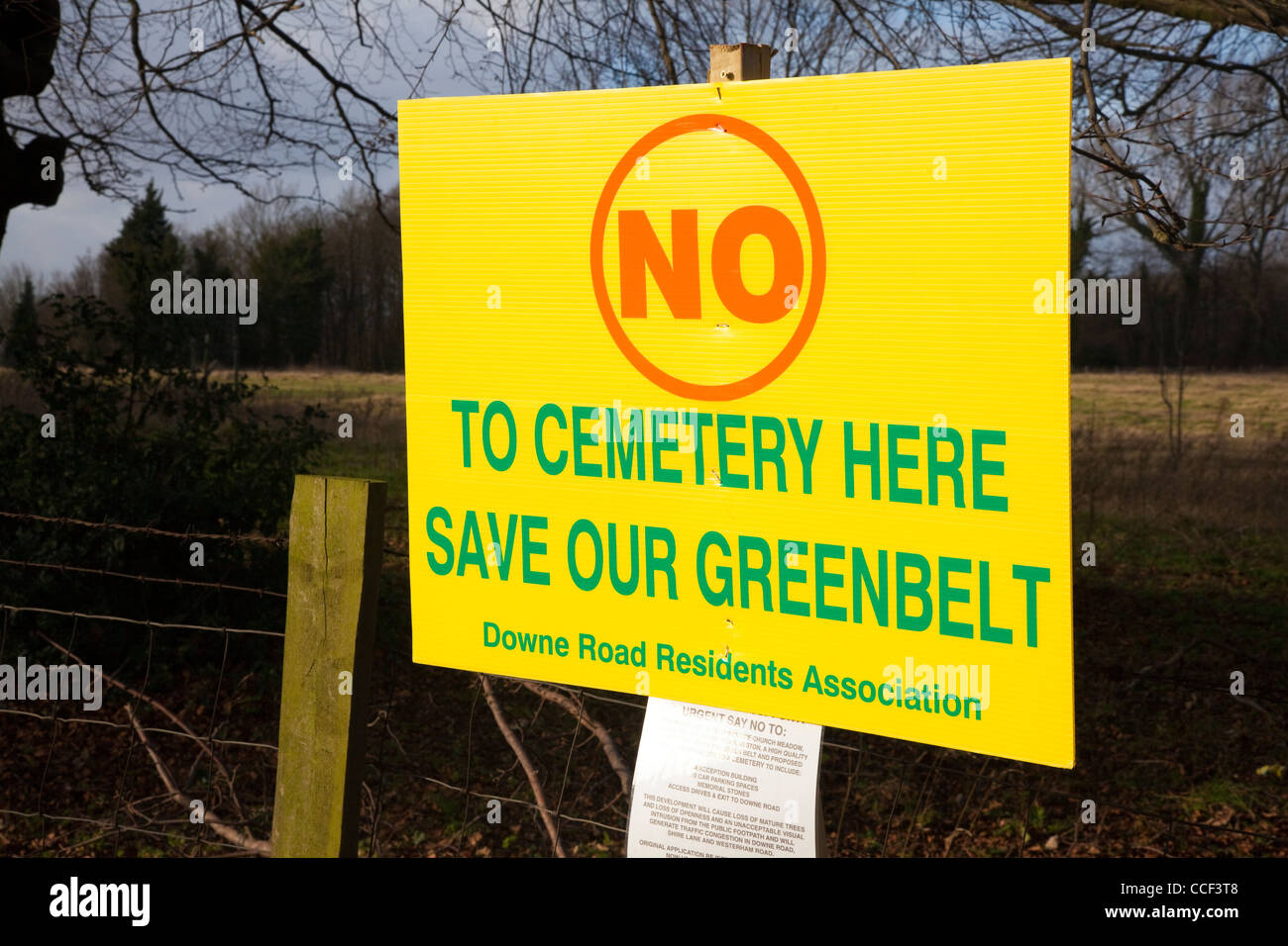 Protest sign, 'No Cemetery Here - Save Our Green Belt'. Downe, Kent, UK Stock Photo
