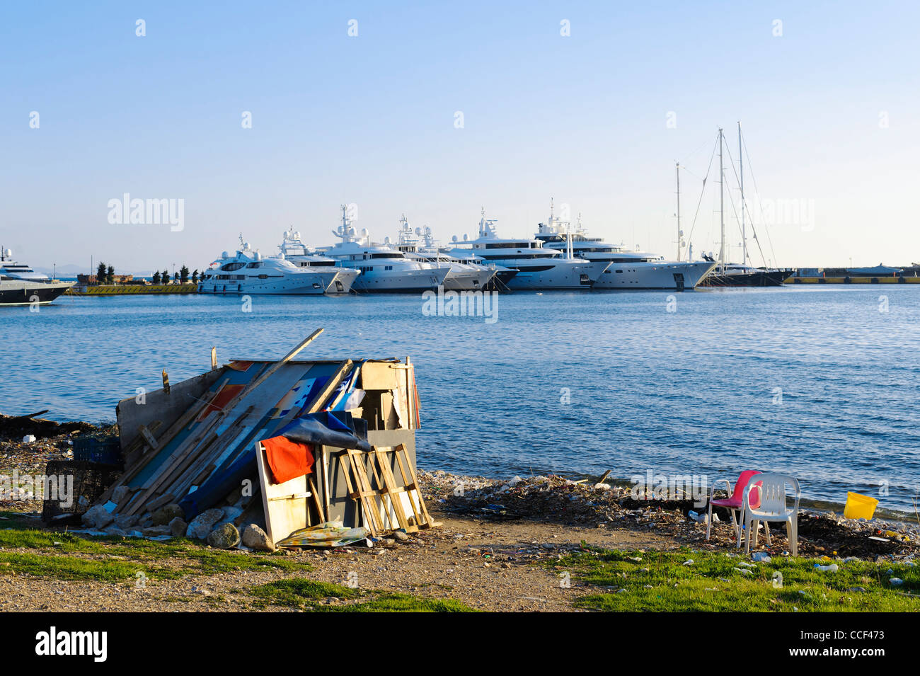 Hut at the beach in front of Super Yachts, Paleo Faliro, Athens, Greece, Europae Stock Photo