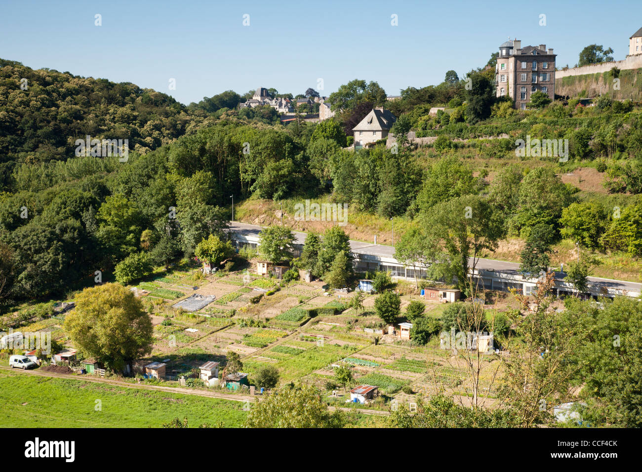 Allotments near the medieval town of Dinan, Brittany, France. Stock Photo