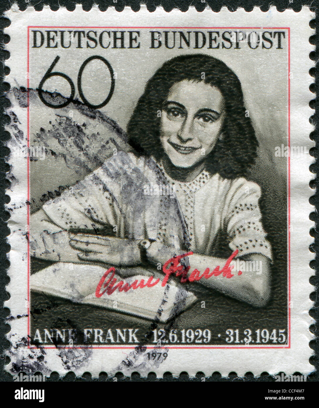 A stamp printed in Germany, is dedicated to the 50th anniversary of the birth Annelies Marie 'Anne' Frank, circa 1979 Stock Photo
