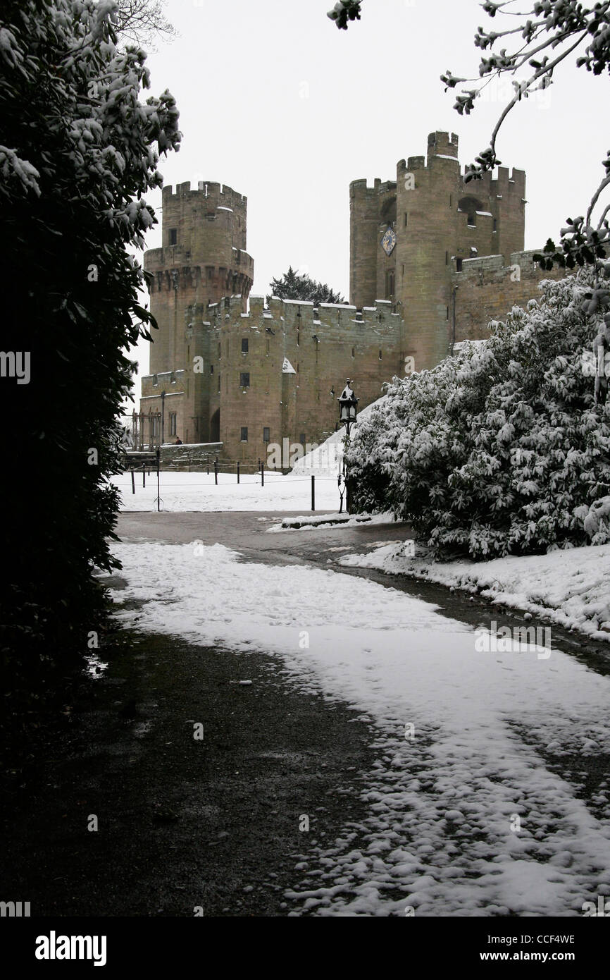 View of Warwick Castle in the snow Stock Photo Alamy