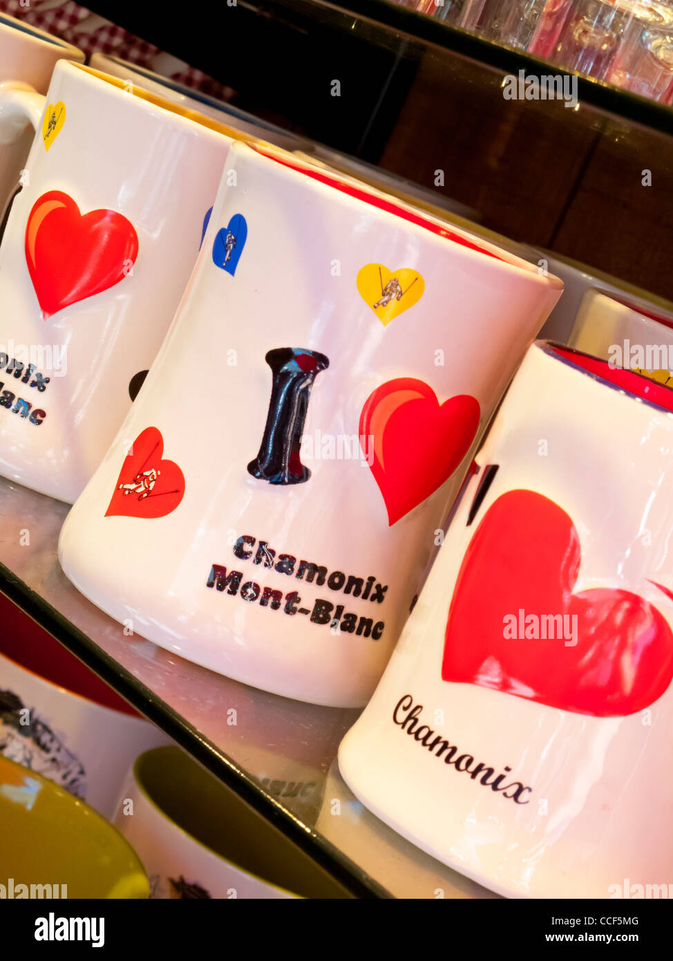 Souvenir mugs featuring I Love Chamonix Mont Blanc design in a shop in