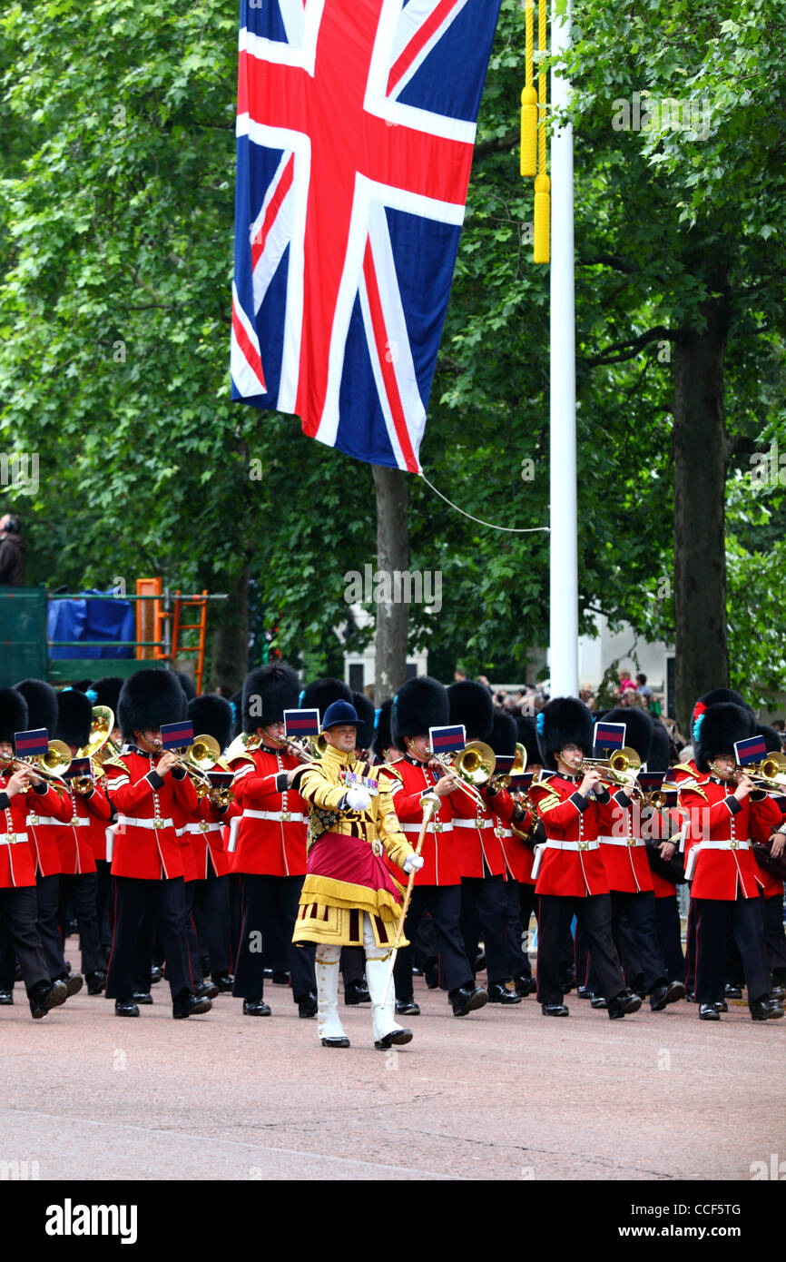 Brass band of members of Irish and Coldstream Guards marching along Pall Mall during Trooping the Colour, London , England 2011 Stock Photo
