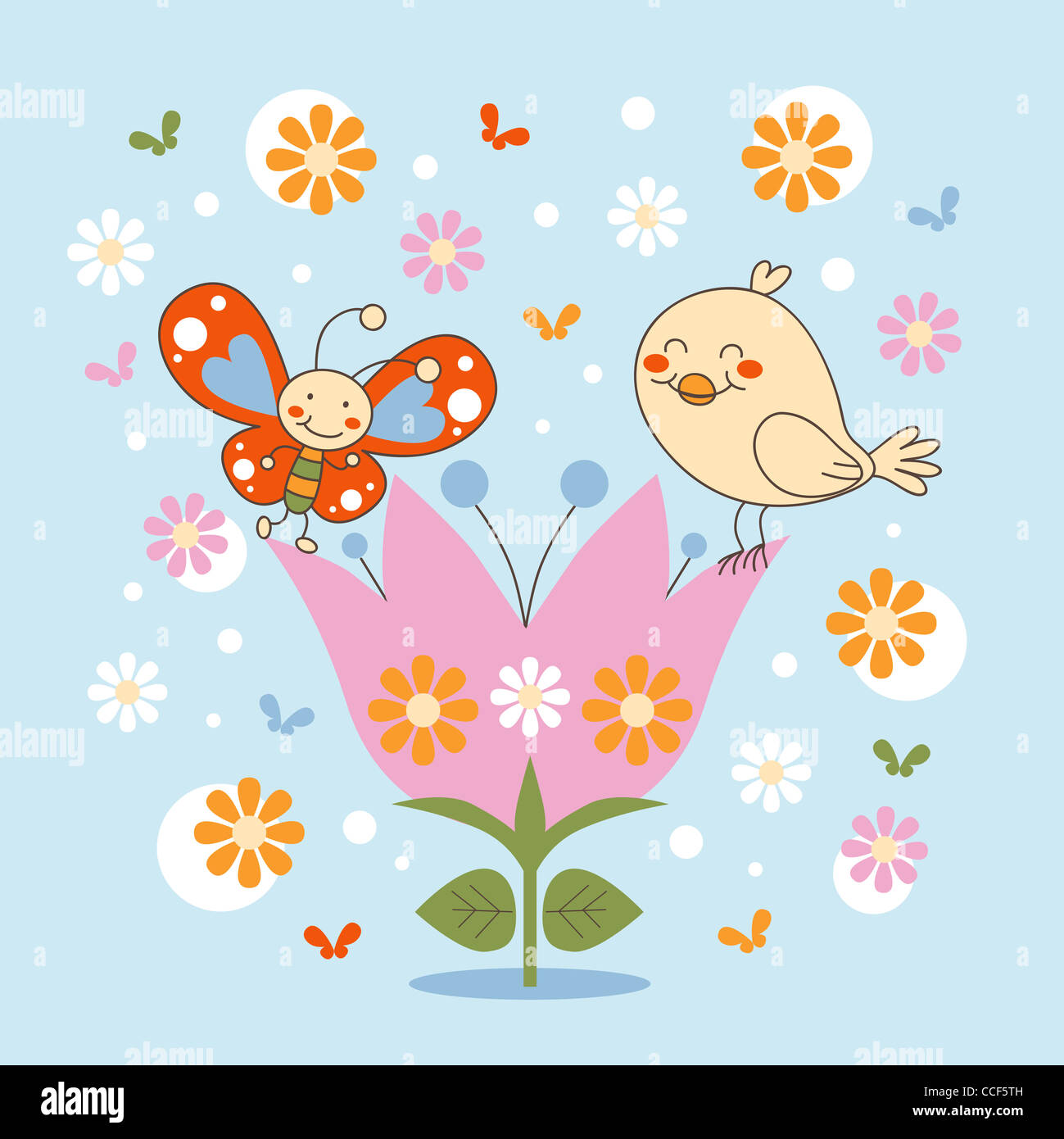 Bird and butterfly friends dancing on top of a tulip flower to celebrate spring Stock Photo