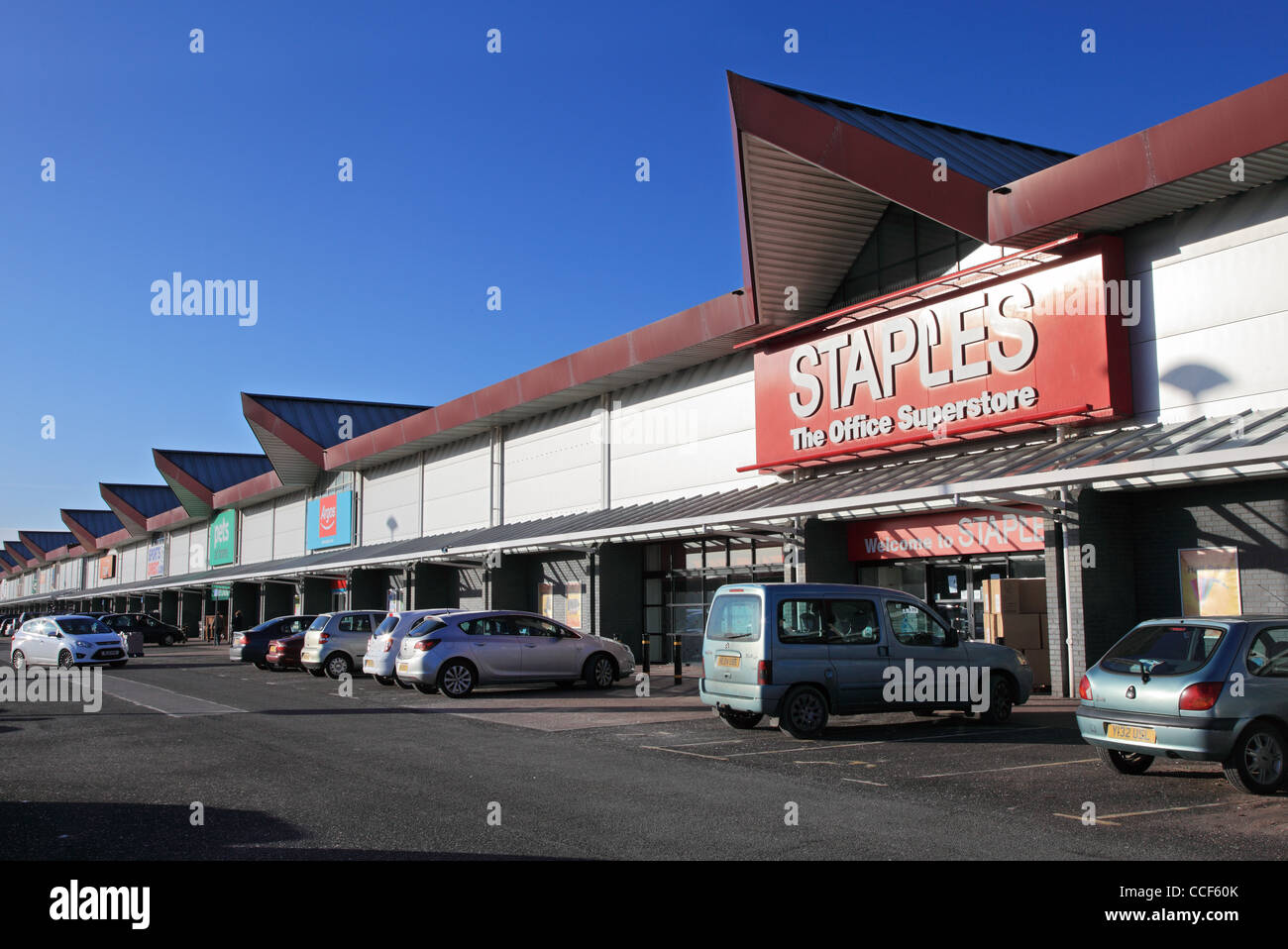 Staples and other stores in the Hylton out of town retail park in Sunderland, north east England UK Stock Photo