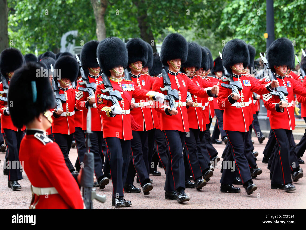 Welsh Guards marching along Pall Mall during Trooping the Colour, London , England 2011 Stock Photo