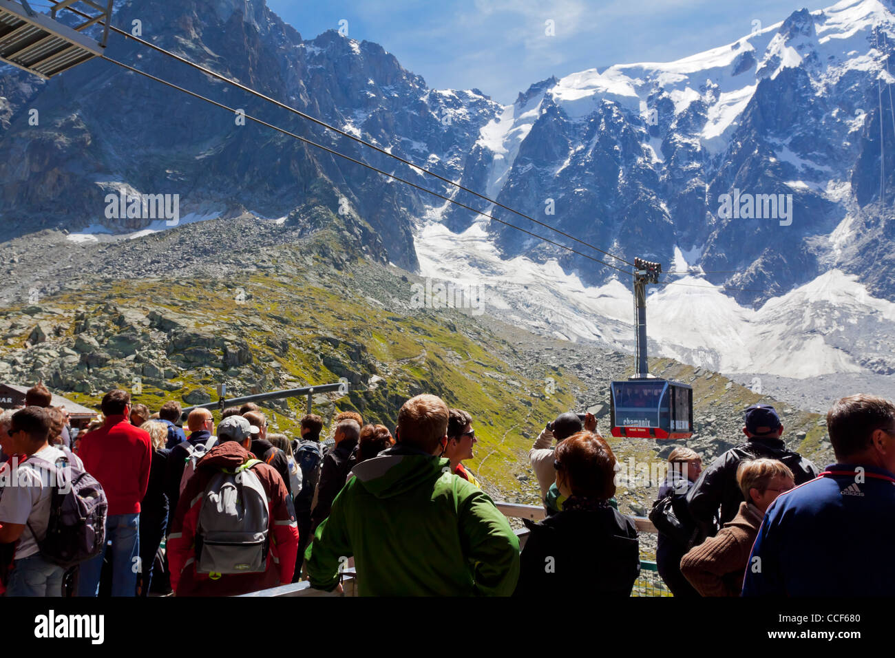 Cable car from Chamonix to Aiguille du Midi near the summit of Mont