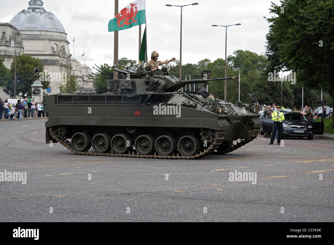 The Royal Welsh regiment parade through the streets of Cardiff Wales return from active duty in August 2009. Armoured vehicle British Army Stock Photo