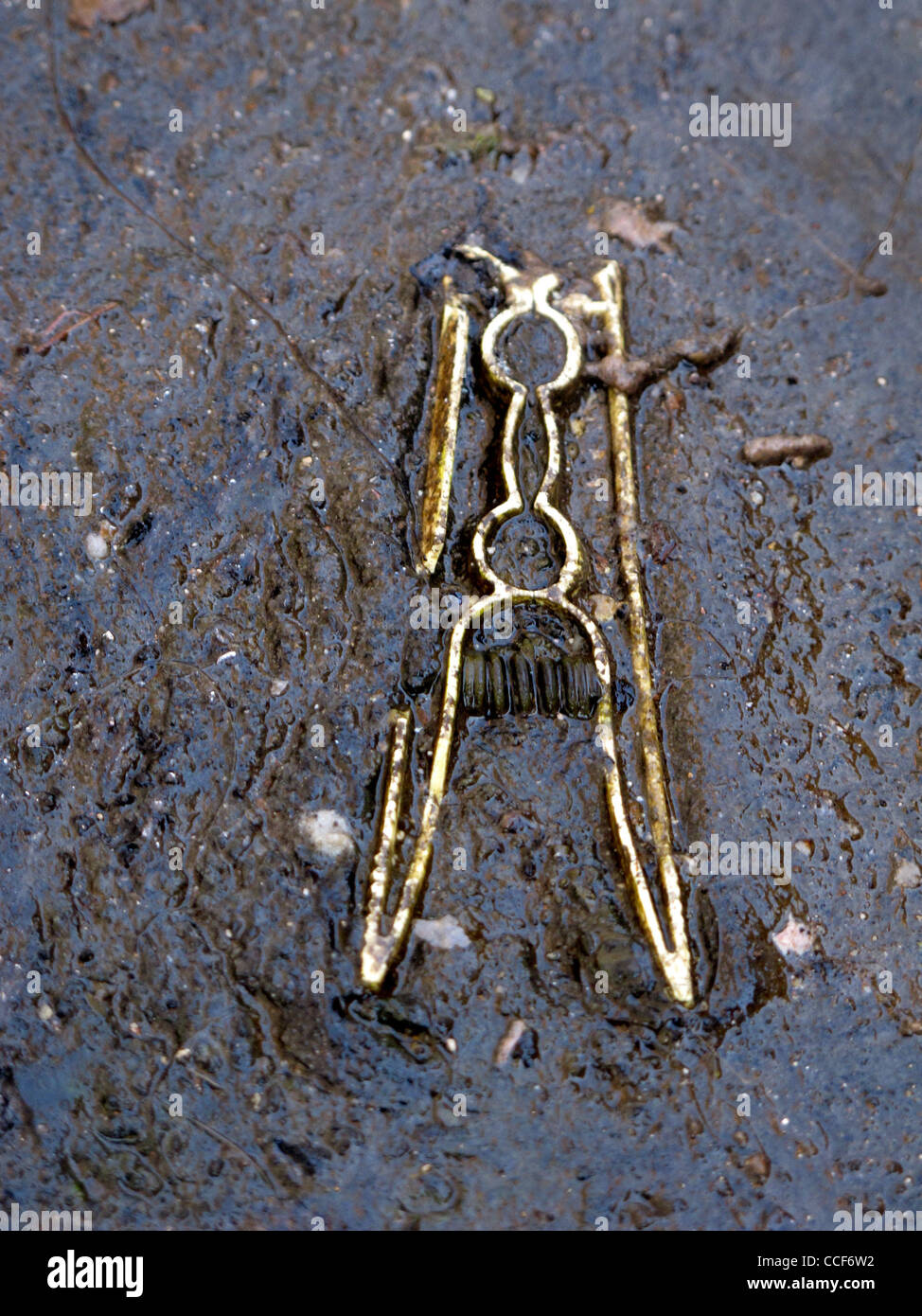 one old damaged clothes line peg on road surface Stock Photo