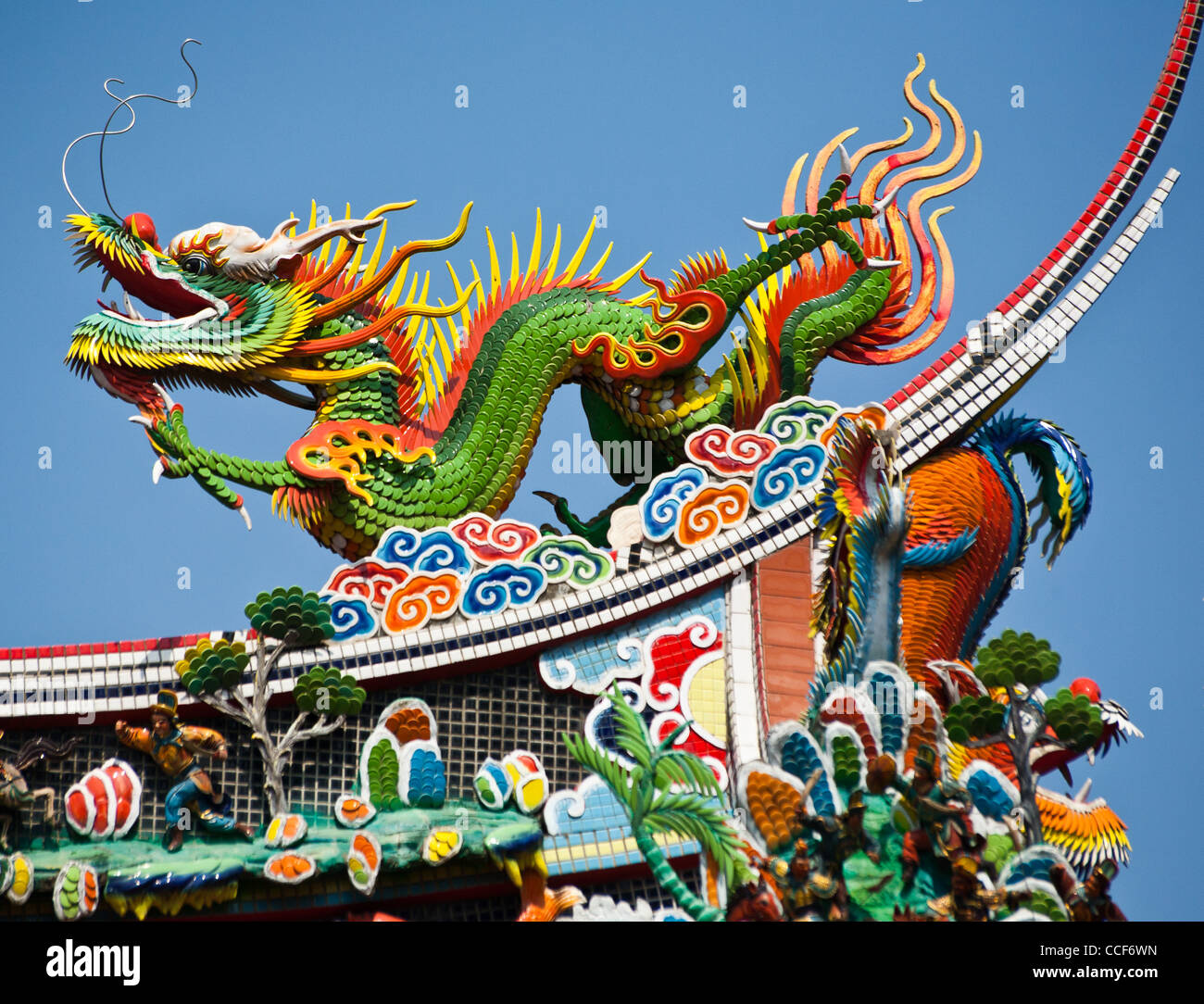 Chinese Dragon decorations on top of a temple near Taipei in Taoyan Stock Photo