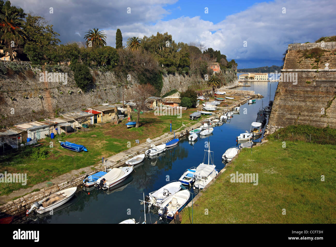 Greece, Corfu (or 'Kerkyra') island. The canal called 'Contrafossa', that separates the Old Fort  from the old town. Greece Stock Photo