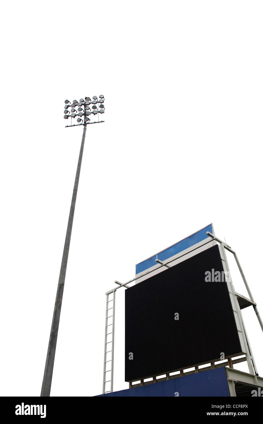 scoreboard in a stadium with a tall floodlight, isolated on white with clipping path in jpg. Stock Photo