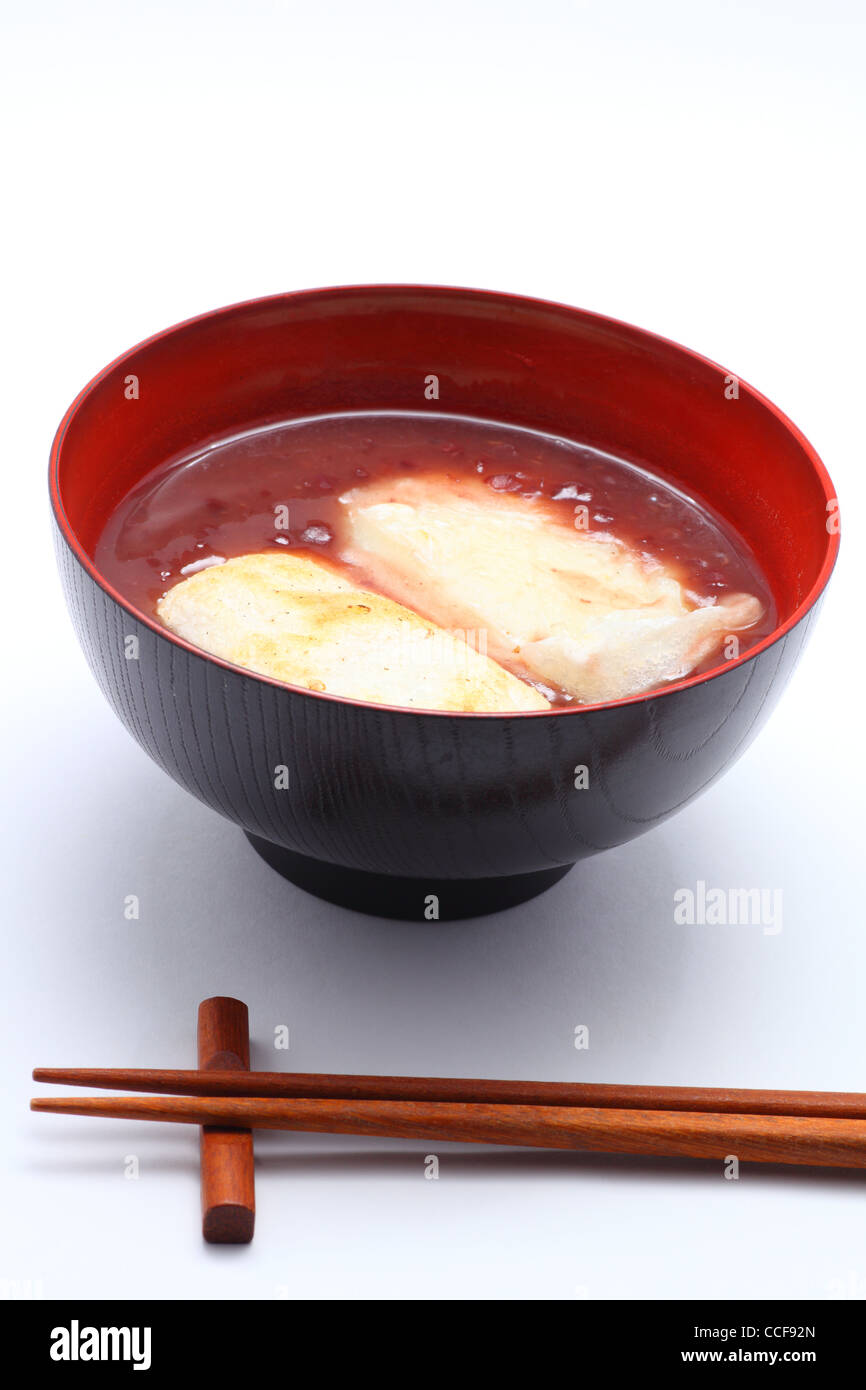 Japanese rice cake with sweet red bean soup, named Oshiruko Stock Photo