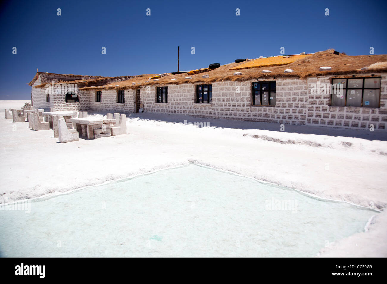 Salt bricks are used to create a salt hotel in Bolivia's Salar de Uyuni, the world's largest salt flats. Stock Photo