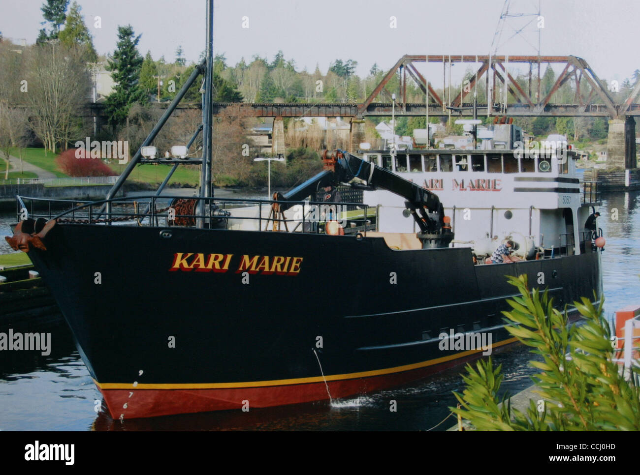 The 123 foot ship Kari Marie, a Bering Sea crabber owned and captained Jon  Forsythe enters the Ballard Locks in Seattle. Jon recused his parents from  their sinking van seconds before it