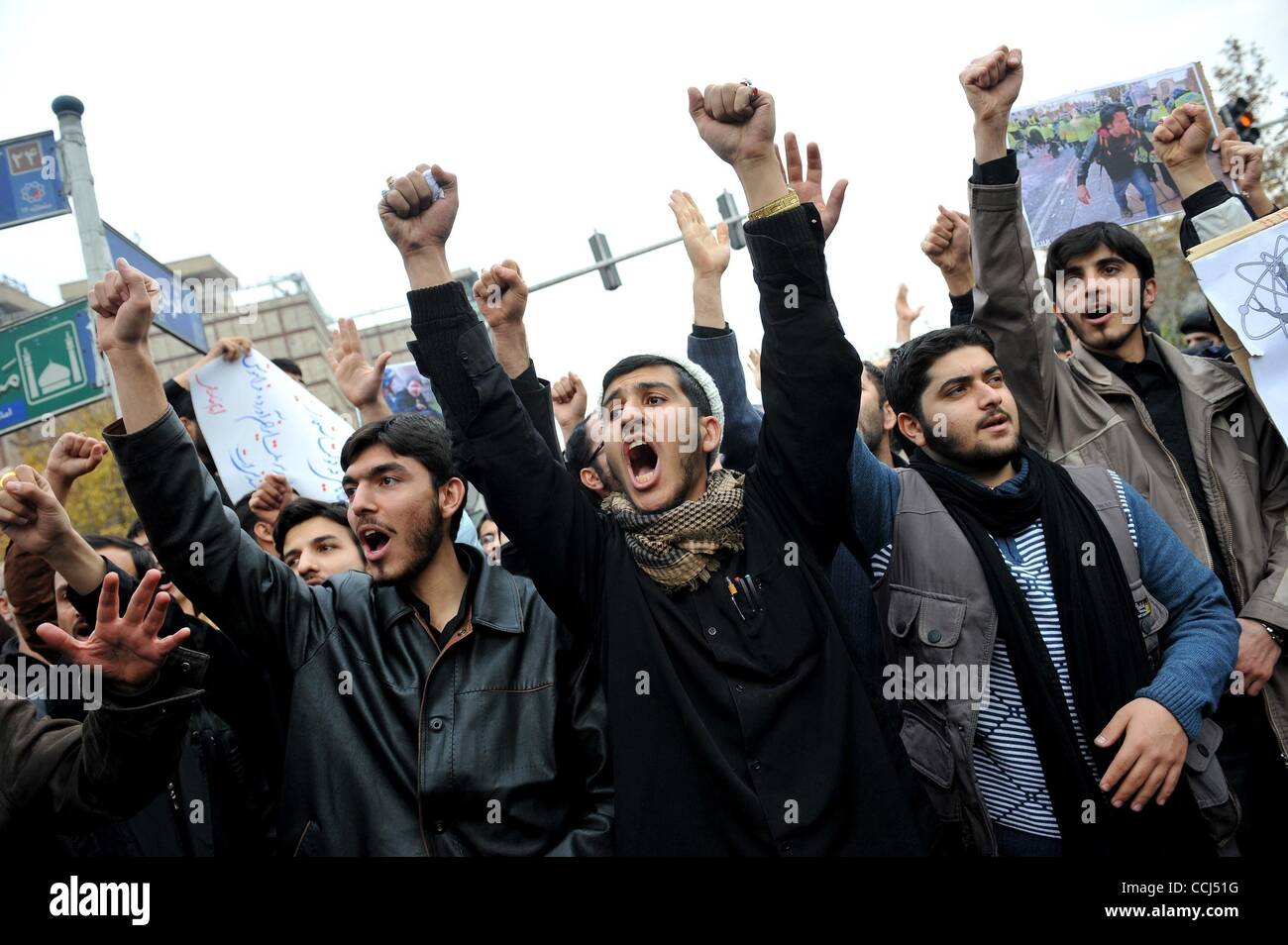 Dec 12, 2010 - Tehran, Iran - Iranian students gathered in front of the British Embassy in Tehran to condemn the assassination of Iranian nuclear scientist Majid Shahriari, who was killed Nov 29 by a car bomb.The protesters accused Britain and U.S government for his assassination, and condemned West Stock Photo
