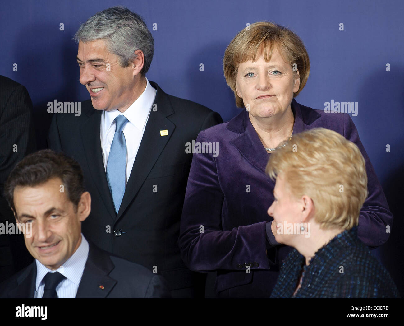 Dec. 16, 2010 - Brussels, BXL, Belgium -  (L-R)  Portuguese Prime Minister Jose Socrates, French President Nicolas Sarkozy, German Chancellor Angela Merkel, Lithuanian Prime Minister Dalia Grybauskaite  before a family photo of the EU summit  at European Councill headquarters in  Brussels, Belgium o Stock Photo