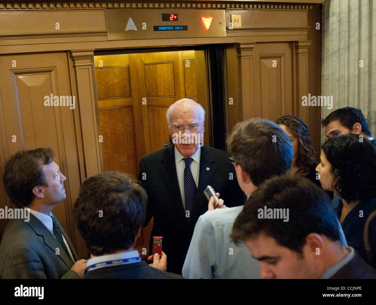 Dec 13, 2010 - Washington, District of Columbia, U.S. -  Senator PATRICK LEAHY (D-VT) speaks with with reporters before voting against President Barack ObamaÃ•s tax compromise with Republicans on Monday.  Todays vote was the first major test for the $858 billion bill, which renews the Bush-era tax c Stock Photo
