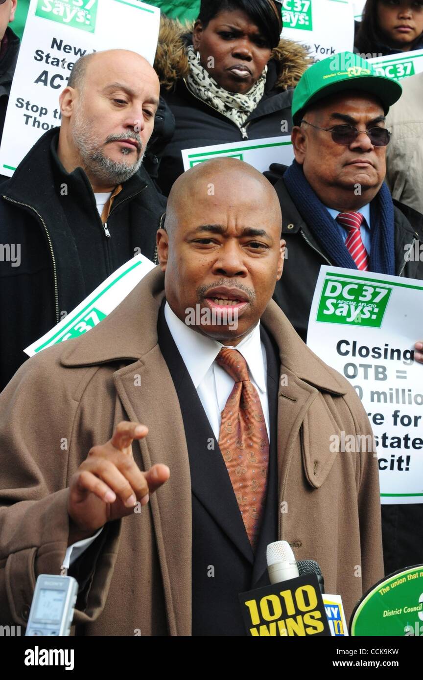 Dec. 3, 2010 - Manhattan, New York, U.S. - New York State Senate Racing & Wagering Chair ERIC ADAMS speaks as union leaders, workers and elected officials call on the State Senate to pass OTB Restructuring Bill A.42001 to save NYC OTB's 1,000 jobs and $100 million in annual revenue, and call on Gove Stock Photo