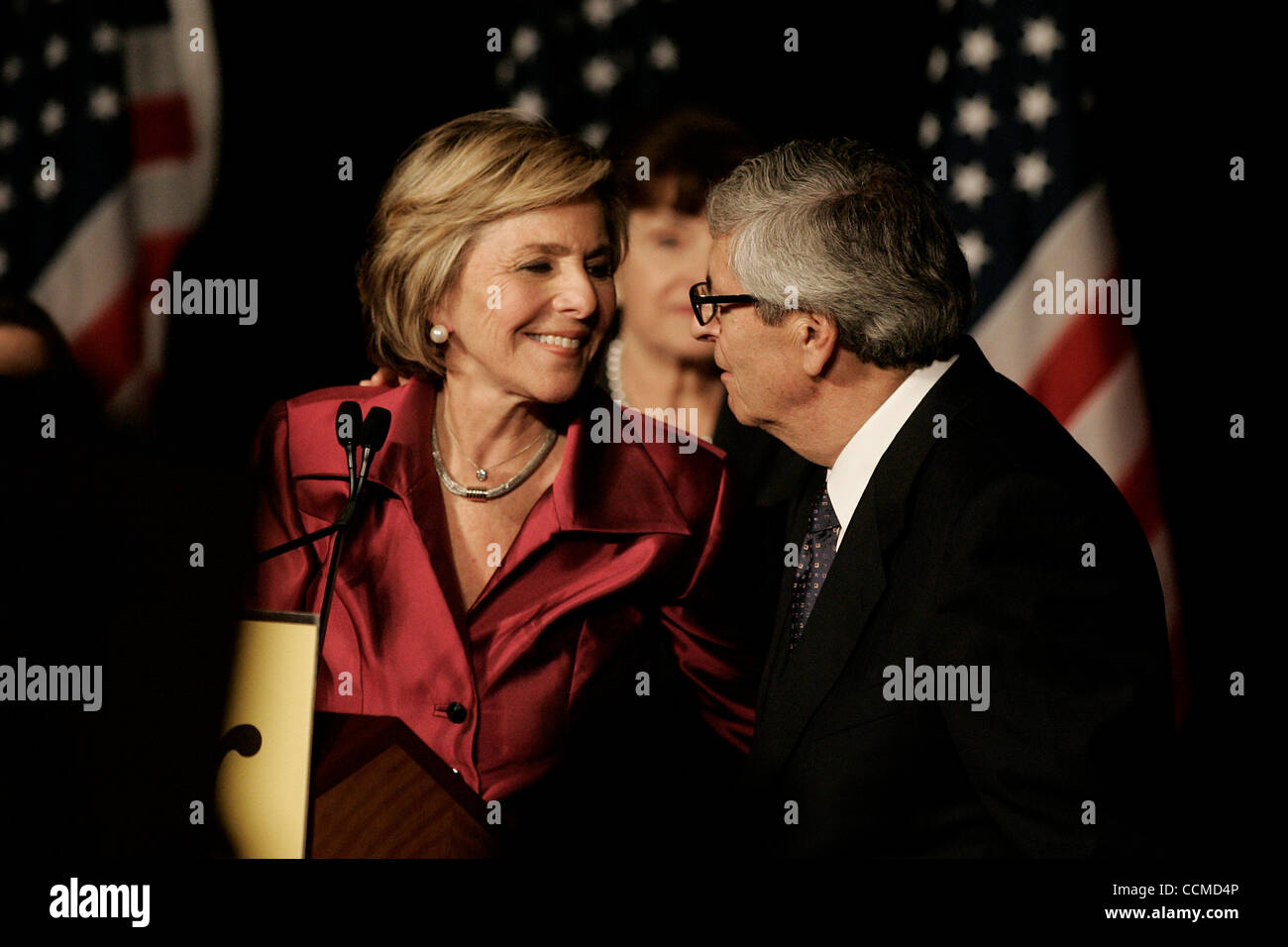 Nov. 2, 2010 - Los Angeles, California, U.S - Sen. Barbara Boxer, (D-Calif.), smiles at her husband Stewart Boxer after declaringvictory on election night , November 2, 2010, at the Renaissance Hollywood Hotel, as votes were still being counted and her Republican opponent, Carly Fiorina, refused to  Stock Photo