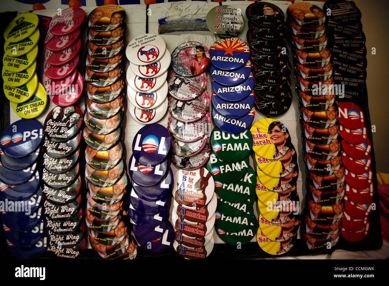 Oct 25, 2010 - Tampa, Florida, U.S. - Political buttons are displayed for sale at Republican gubernatorial candidate Rick Scott's post-debate rally and campaign bus tour kickoff near the University of South Florida in Tampa, Florida. (Credit Image: © Brian Blanco/ZUMApress.com) Stock Photo