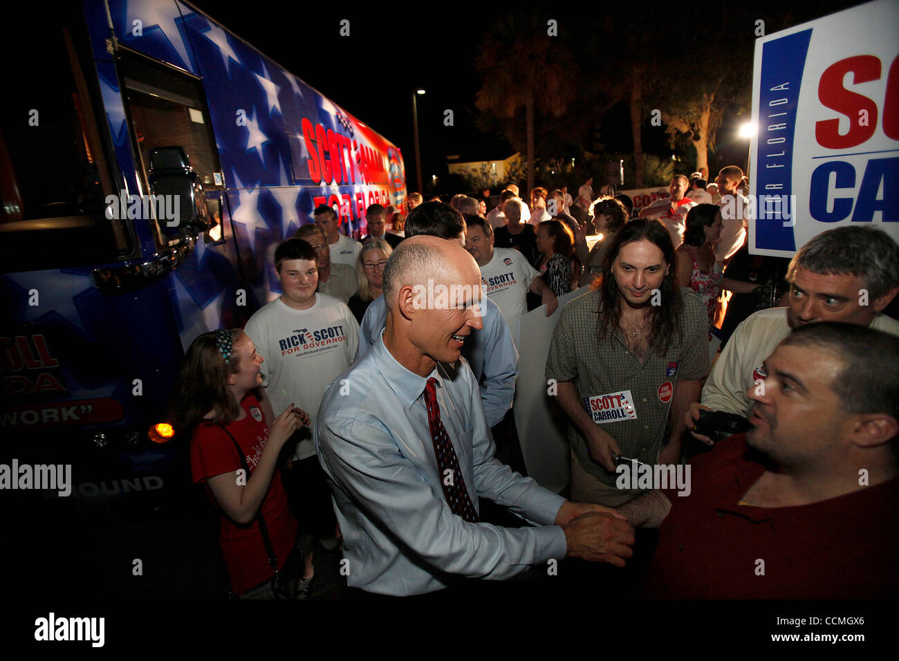 Oct 25, 2010 - Tampa, Florida, U.S. - Republican gubernatorial candidate RICK SCOTT makes his way back to the tour bus after meeting with attendees at a post-debate rally and campaign bus tour kickoff near the University of South Florida in Tampa, Florida. (Credit Image: © Brian Blanco/ZUMApress.com Stock Photo