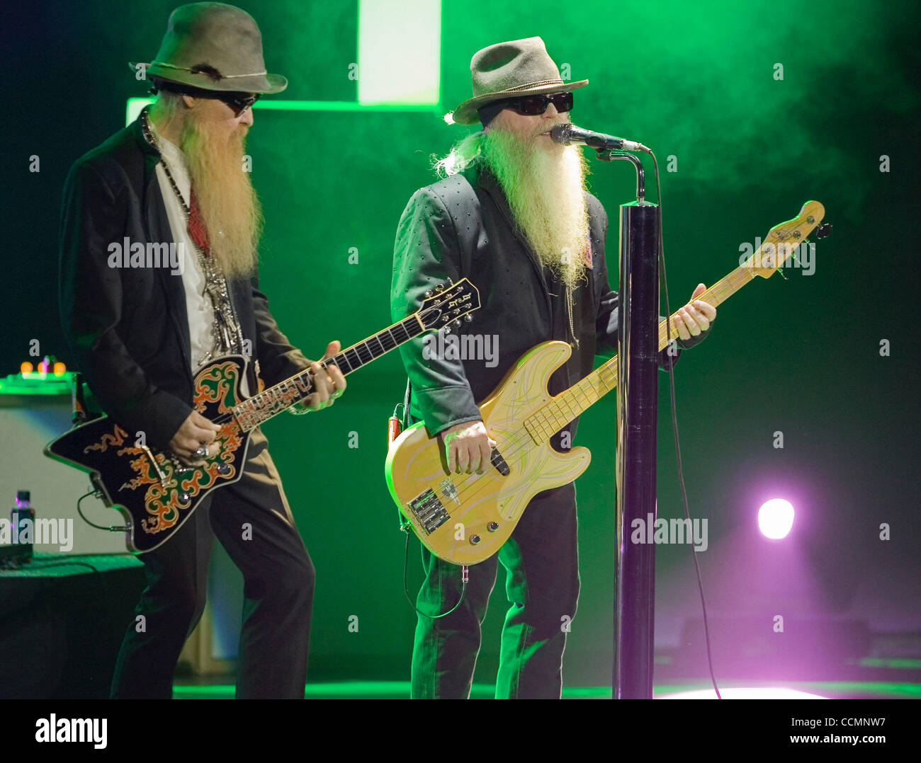 American blues rock band ZZ Top performing live in Moscow. Pictured l