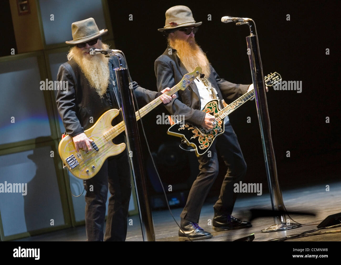 American blues rock band ZZ Top performing live in Moscow. Pictured:  members of the band Billy Gibbons (r) and Dusty Hill Stock Photo - Alamy