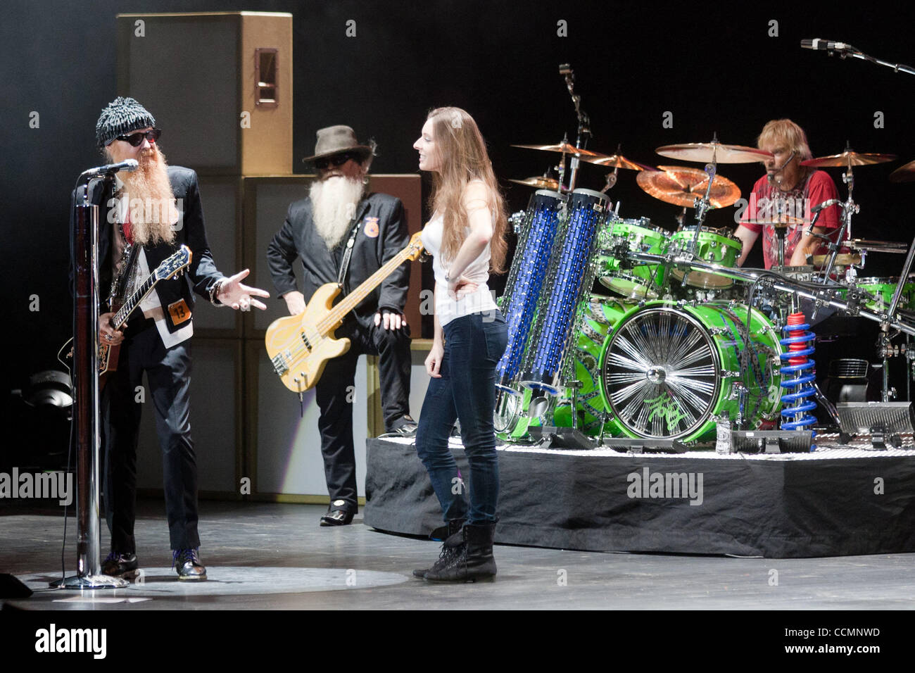 American blues rock band ZZ Top performing live in Moscow. Pictured: l-r members of the band  Billy Gibbons and Dusty Hill . Stock Photo