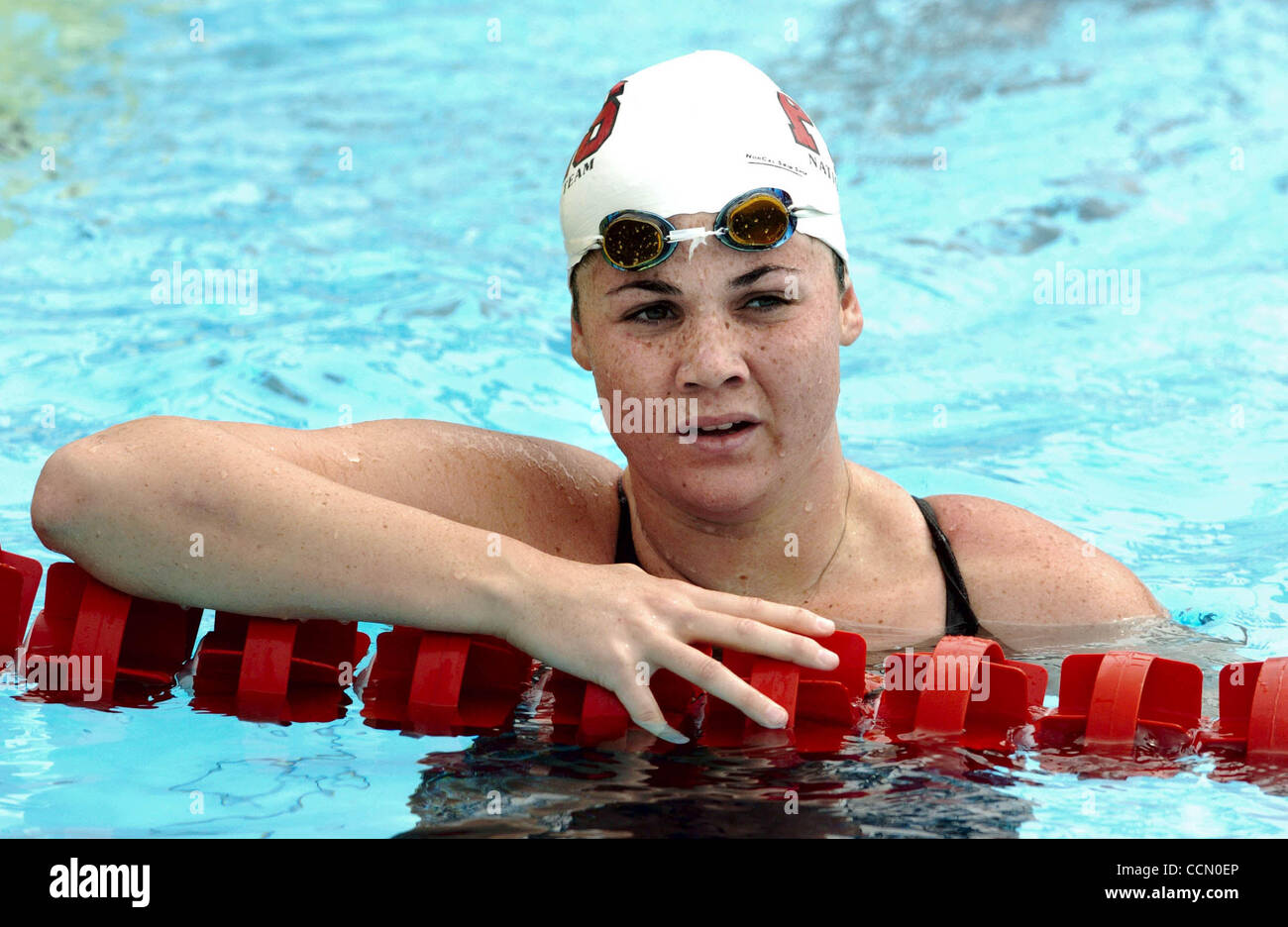 Candace Weiman's 2nd place finish in her preliminary  heat of the 100 Butterfly July 7, 2004 was not good enough to qualify her for the finals at the Olympic Swim Trials in Long Beach, Calif.  She represents the Pleasanton Sea Hawks. (Contra Costa Times/Karl Mondon/) Stock Photo