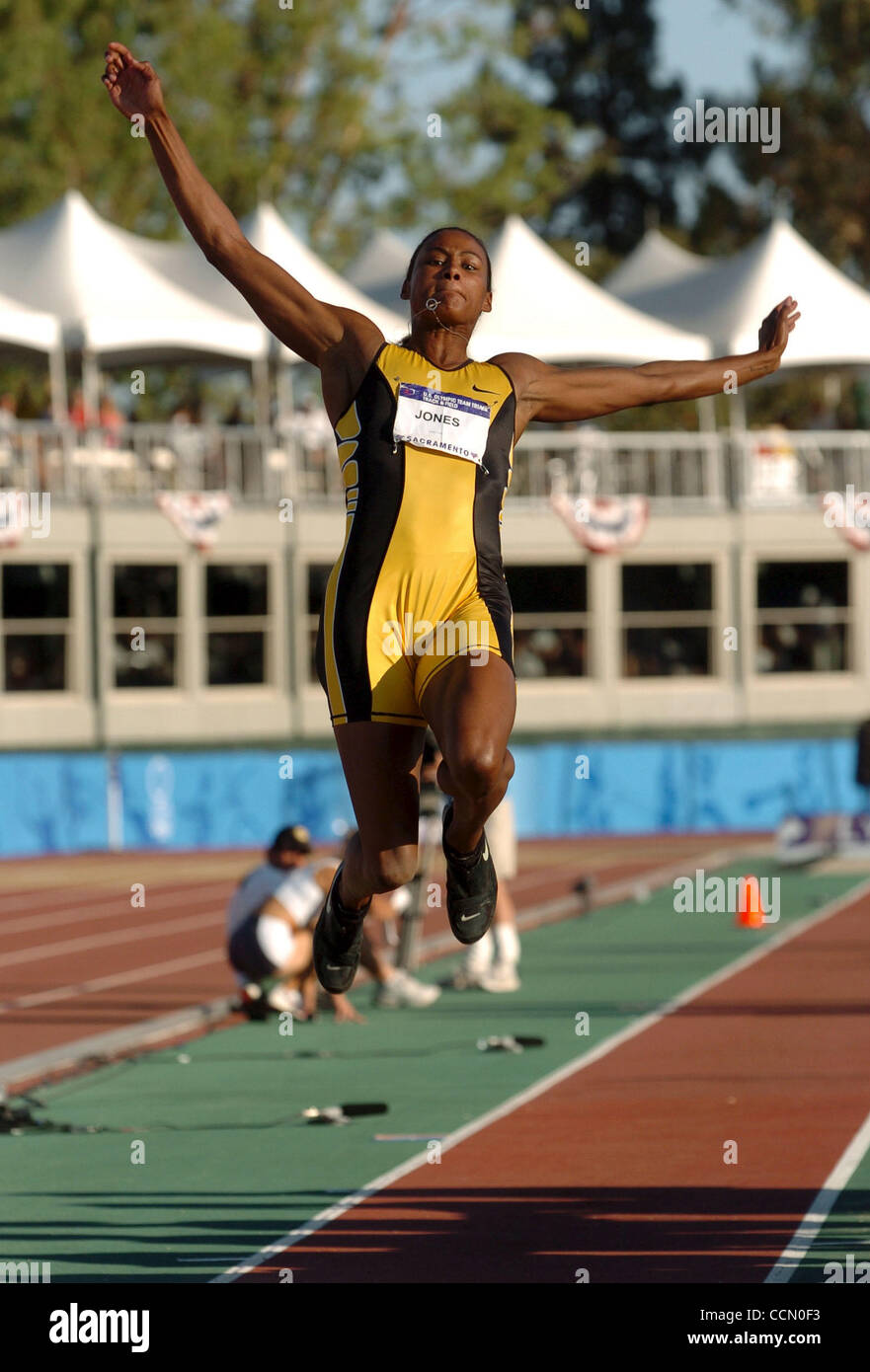 Marion Jones won the long jump Thursday July 15, 2004 at the 2004 U.S. Olympic Track and Field Trials at Alex G. Spanos Sports Complex in Sacramento, Calif. qualifying for the U. S. Olympic Team.    (Contra Costa Times/Karl Mondon) Stock Photo