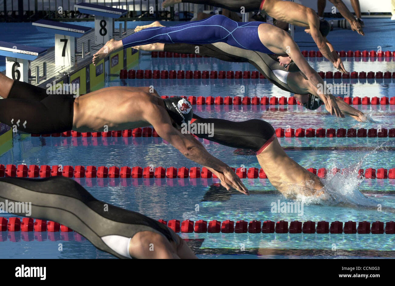 Gary Hall, Jr. had a horrible start in the 100m Freestyle finals, as he was the last man into the pool Sunday evening July 11, 2004 in Long Beach, Calif.  Jason Lezak, already in the water, took 1st. Hall placed 3rd, failing to qualify in the event for the Olympics, but was still named to the Olympi Stock Photo