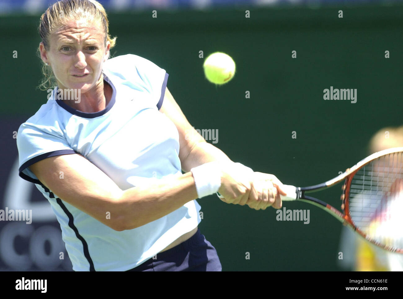 (Published 07/31/2003, D-3): SLJuly30tennis208711x005/July 30---Mary Pierce returns a backhand in her victory over Conchita Martinez at the Acura Classic tennis tournament.  Photo/Scott Linnett Stock Photo