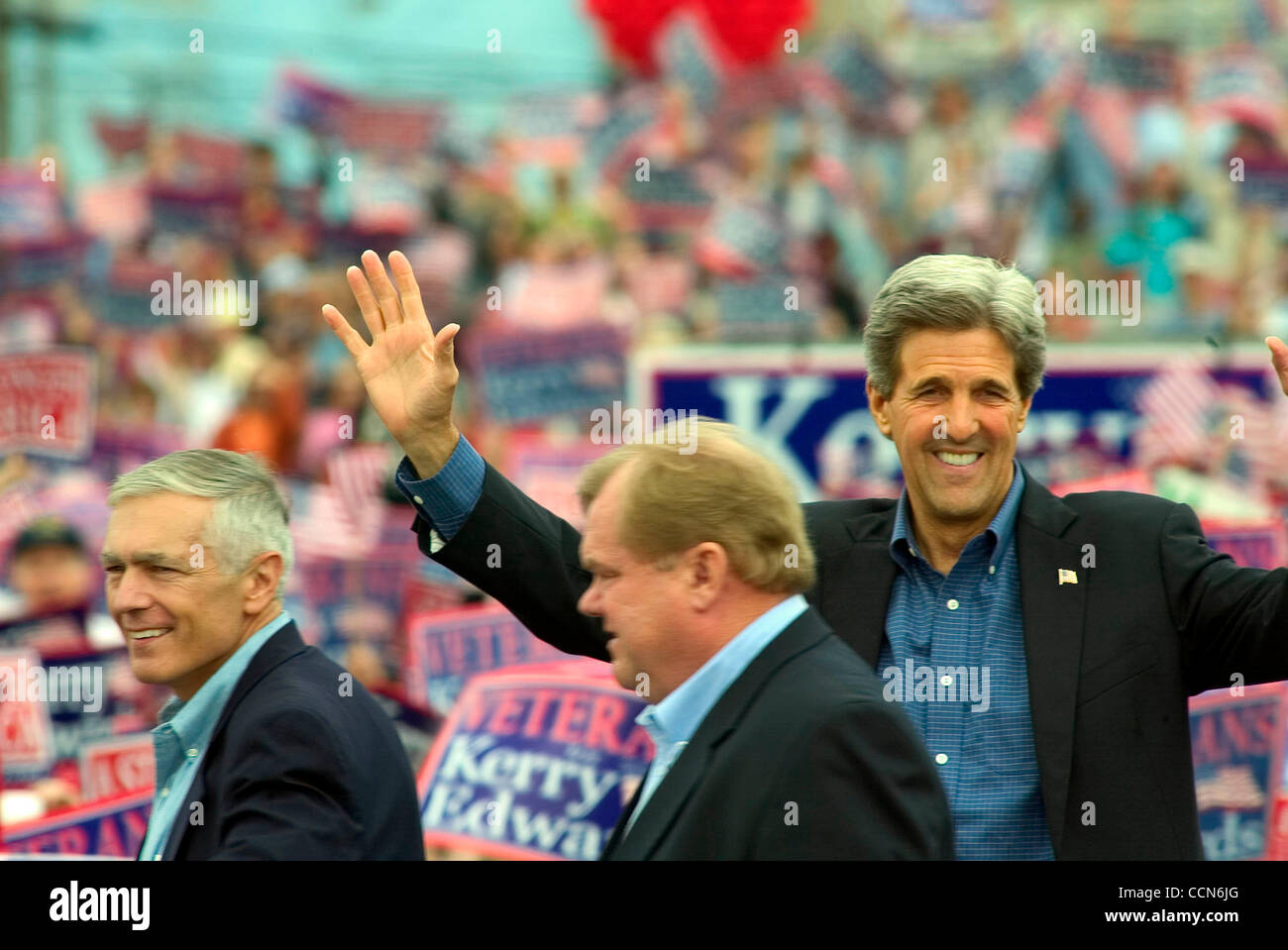 Sen. John Kerry  Has a rally for support in Tacoma, WA  thousands of supporters turned out, even with the threat of rain.  Seen here  General Wesley Clark, Jim Rassman served in Vietnam with Senator Kerry. Rassman was a lieutenant in the U.S. Army Fifth Special Forces Group when his boat had sunk. K Stock Photo