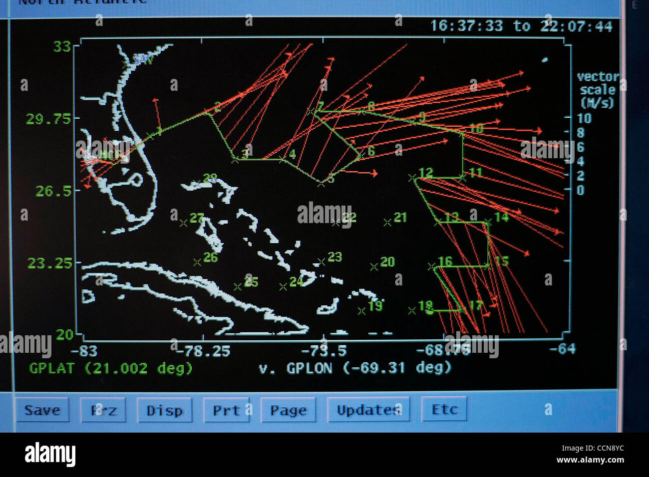 A computer monitor shows the flight path of the Hurricane Hunter Thursday, September 2, 2004 over Hurricane Frances in the Atlantic Ocean. The plane launches dropsondes over various parts of the hurricance which relay temperature, pressure, humidity, wind speed and direction back to the Gulfstream I Stock Photo