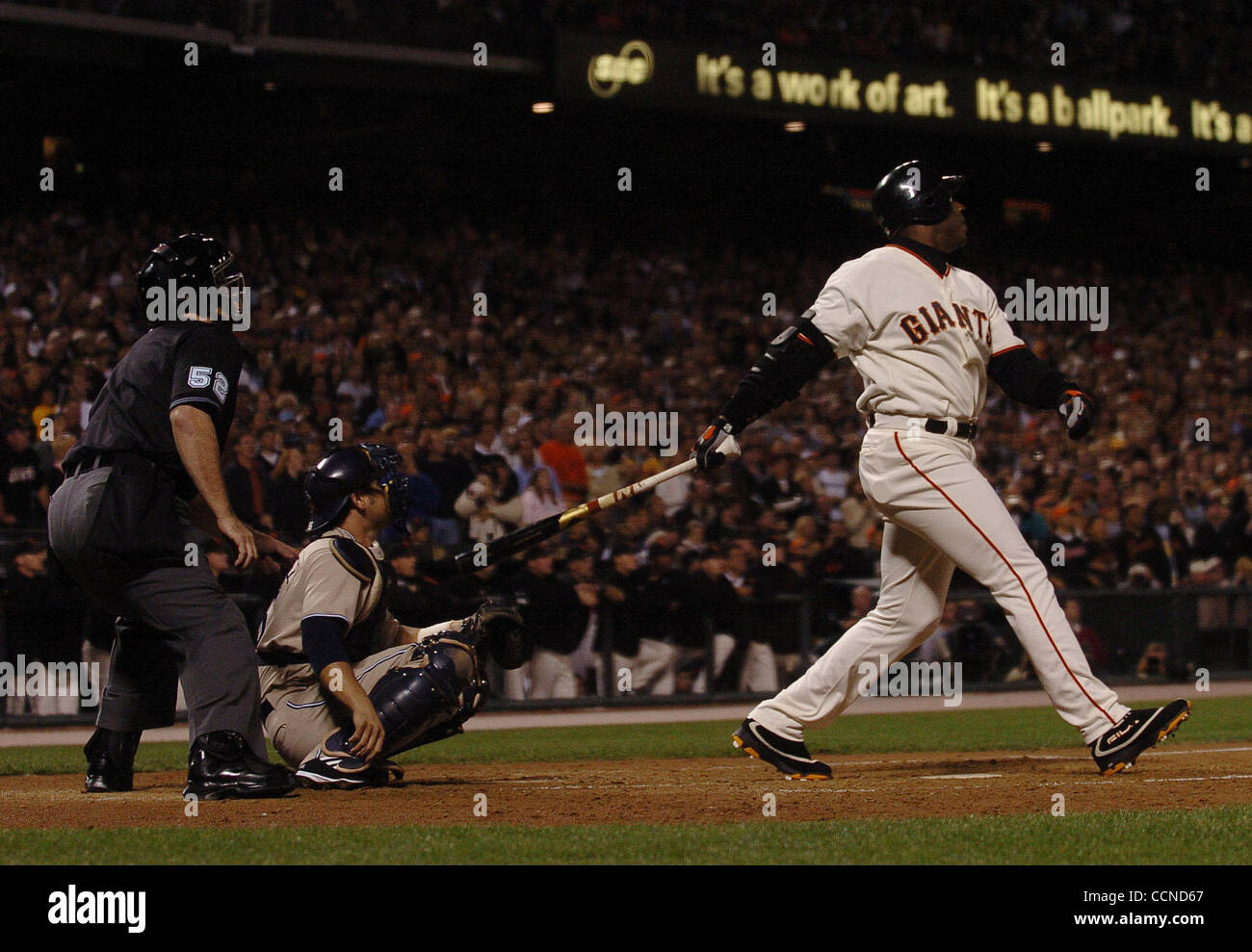 San Francisco Giants Barry Bonds, #25, connects for career home