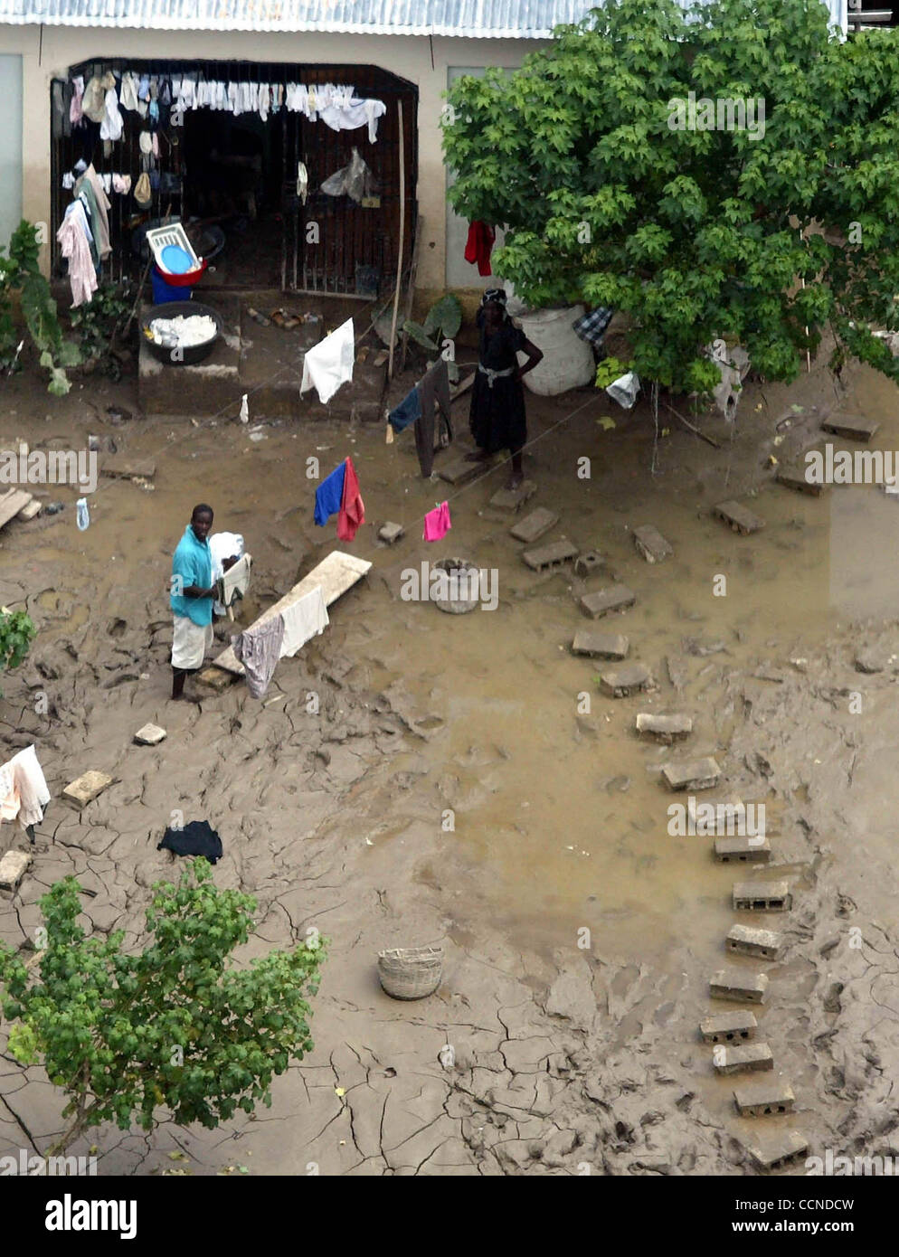 GONAIVES, HAITI; 9/22/04 Still standing in mud and water, Haitians