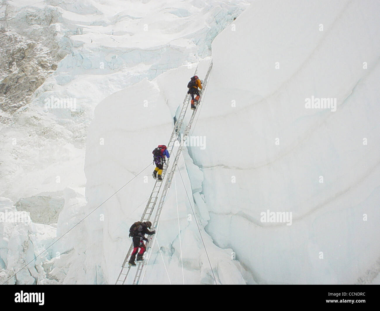 Khambu Icefall area is one of the more danger zone of the Everest Expedition. After leaving from Base Camp to Camp one climber have to cross this Ice fall. In this Icefall climber have to cross with the help of rope and ladder.   Photo By- Nawang Sherpa/ ZUMA Press Stock Photo